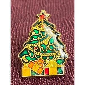 Vintage Christmas Tree, Tack-back pin. Decorated green tree.